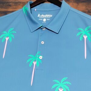 Chubbies Mens XL Golf Tee Polo Shirt Blue Palm Tree Short Sleeve Performance